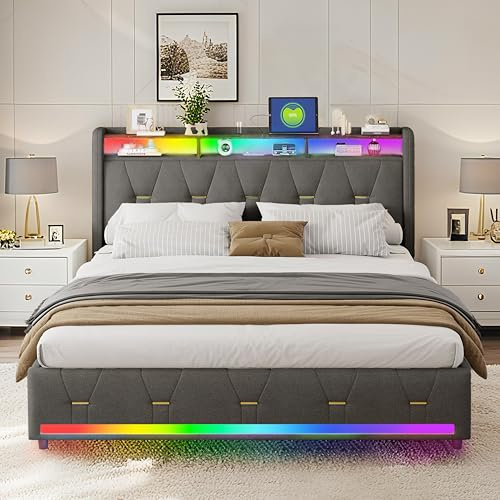 XMETPR Grå Upphöjd Dubbelsäng, 160x200 cm, med 4 lådor, LED-belysning, förvaringsgavel, Type-C/USB-laddstation, träribbor, linneväv.