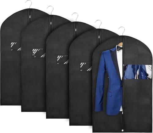 ZKXNBXX 43 Black Garment Bags for Hanging Clothes Storage and Men Travel with Car, Hanging Suit bag Cover with Zipper, Clear Window and Name Tag for Shirt, Jacket, Suit, Coat (5 PACK)