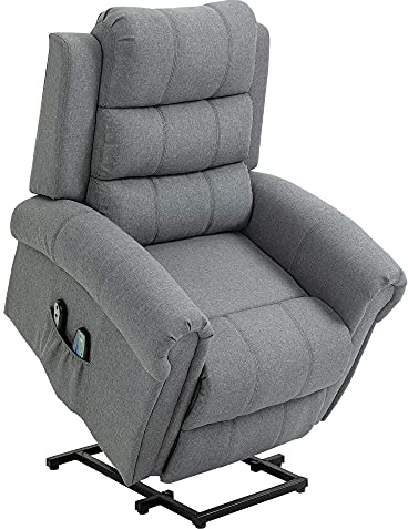 HOMCOM Sillón Relax Reclinable Eléctrico Levanta Personas, con Masaje Vibratorio y Calor, Sillón Elevador, con Control Remoto, Reposapiés, Tapizado en Lino, Bolsillos Laterales, Gris