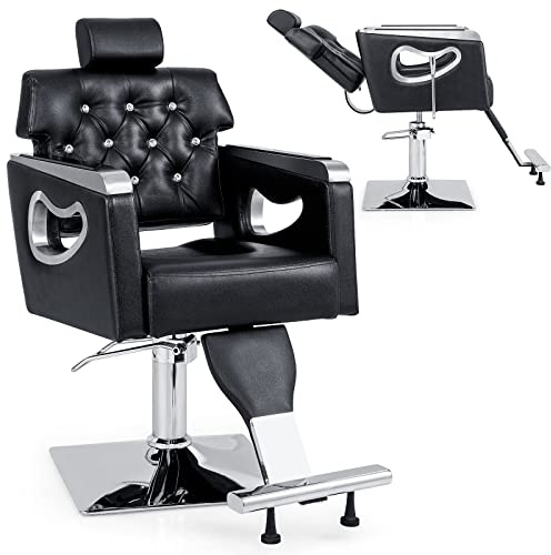 GOPLUS Silla Reclinable para Peluquería Goflame, Sillón Vintage con Bomba Hidráulica, Respaldo+Reposacabezas Ajustables, Giro 360°, para Maquillaje y Tatuajes