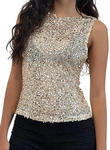 Women Sparkly Sequin Tank Top Sexy Glitter Sleeveless See Through Summer Vest Cropped Slim Fit Party Club Tops (A-Gold, S)