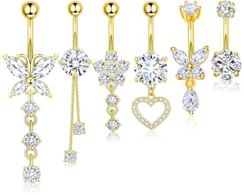 Dermalyx Set Di 6 Piercing Ombelicale, Anello Da Pancia Pendenti In Acciaio Chirurgico Dorato, Design A Cuore, Fiore E Farfalla 14G, Piercing Dorato Per Donna
