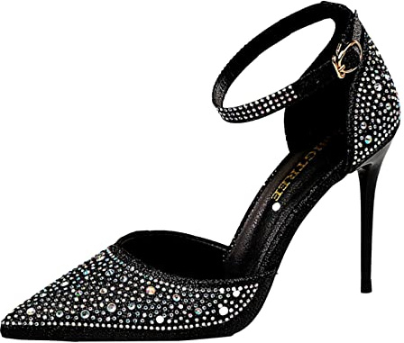 Glitterpumps dam eleganta höga klackar med strass ankelremmar klack skor glänsande brudskor spets kvällsskor stilettos bröllopsskor 12 cm klackhöjd högklackade skor