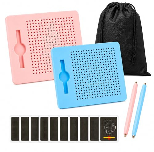 SPOKKI 2 Stück Magnetische Zeichentafel, Stahlkugel Magnetspiel mit magnetischem Stift, Zaubertafel, Pädagogisches Spiel für Kinder, Reisebeschäftigung, Schule, Familie (Rosa, Blau)