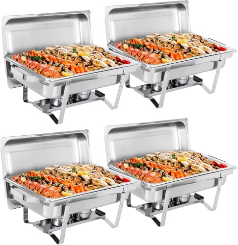Chafing Dish Buffet Set 9 Qt Stainless Steel Complete Chafer Set Catering Warmer Set with Water Pan, Fuel Holder for Parties, Dinners, Catering, Buffet and Weddings 4 Silver