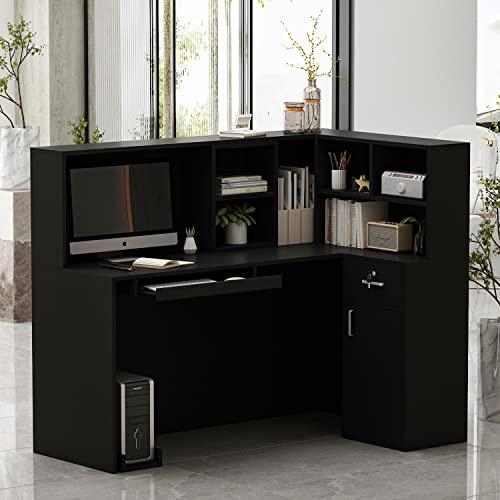 Homsee Reception Desk L-Shaped Office Desk with Counter, 1 Door Storage Cabinet, 1 Lockable Drawer, Hutch Shelf and Keyboard Tray, Black