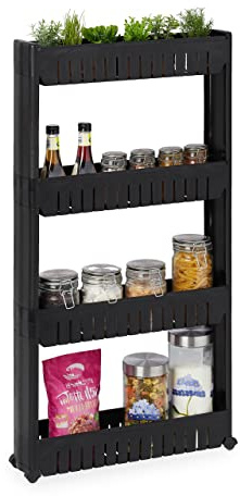 Relaxdays Mobile Salvaspazio, 4 Ripiani, Scaffale Stretto per Bagno & Cucina, Carrello Portaoggetti in Plastica, Nero