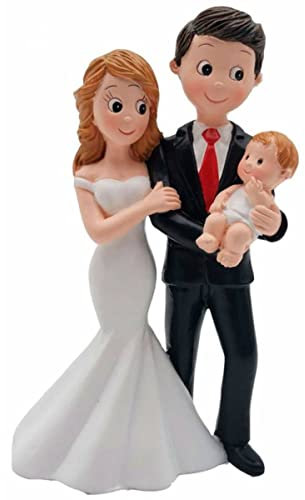 CAPRILO Figura Decorativa de Resina para Tarta de Bodas Novios con Niño Recien Nacido. Recuerdos. Decoración. Regalos Originales. Detalles de Bodas, Comuniones, Bautizos, Cumpleaños.DK