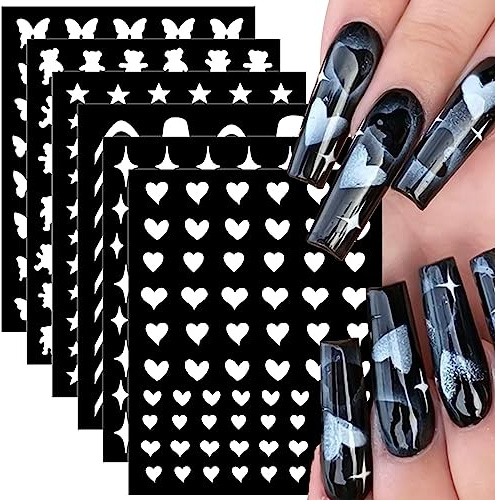 JERCLITY 6 Sheets Airbrush Stencils Nail Stickers for Nail Art Self-Adhesive Star Butterfly French Tip Heart Nail Decals Stencils Tool for Women Girls Nail Art Accessories