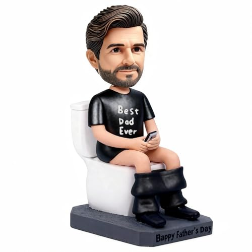 mydedor Custom Funny Bobblehead Personalisierte Humorvolle Figur für Väter, Hergestellt aus Ihrem Foto, Papa im Besten Papa Ever Outfit auf Toilette mit Telefon, Handgefertigtes Tongeschenk zum