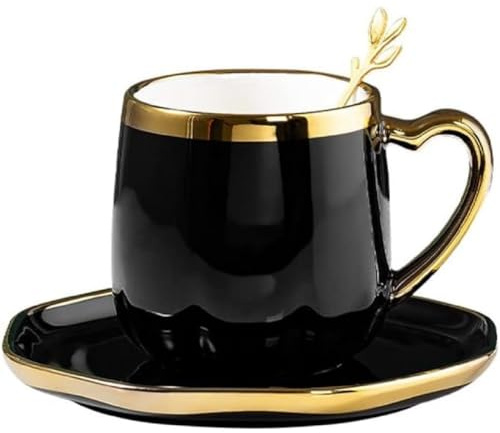 FülleMore Goldrand Keramiktasse mit Untertteller und Löffel 300ml Kaffeetasse Moderne Espressotasse mit Herzhenkel Kaffeeservice für Cappuccino,Latte,Espresso,Americano,Mokka,Tee (Schwarz)