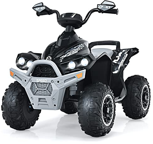 COSTWAY 12V Elektro Kinderquad, Elektroquad mit Musik, Hupe & LED Scheinwerfer, Kinder Quad 2,2-4,3 km/h, Kinderauto für Kleinkinder ab 3 Jahre (Schwarz+Grau)