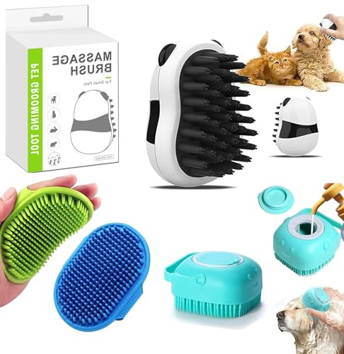4-in-1 Hundedusche Hunde Bad Bürste mit Seifenspender,4 Stück Silikon Hundebürste Kurzhaar Massage Bürste für Hunde & Katzen, Hundezubehör für Kleine hunde Rutschfester Verstellbarer Griff