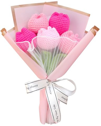 Rimvoe Crochet Tulip Flower Bouquet, Handmade Knitted Artificial Tulip Flowers, Gift for Mom Wife Women(Pink)