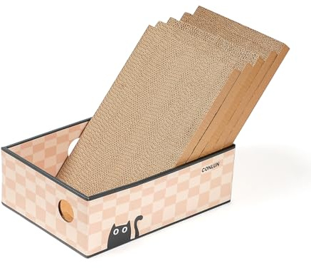 Conlun 5-pack klösbrädor för katter med låda, vändbara dubbelsidiga klösdynor för katter, interaktiva hål och klösfri design, möbelskydd från kattklor (medium, schackbräde)