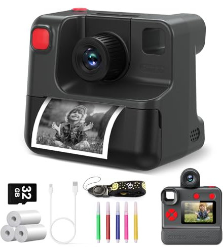 Kinderkamera Sofortbildkamera,1080P Sofortbildkamera Kinder Fotokamera mit 3 Rollen Druckpapier & 32GB Karte, DigitalKamera Geschenk für 3-12 Jahre (Schwarz)