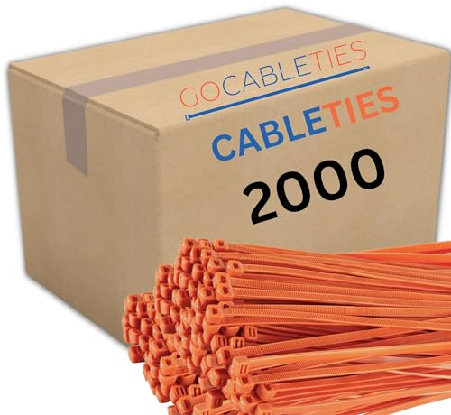 Gocableties Orange Cable Ties, 200mm x 4.8mm, Bulk Pack of 2000, 8” Premium Nylon Zip Ties, Multi-Purpose Plastic Tie Wraps, Secure Self-Locking Mechanism, for Home, Garden, Office and DIY