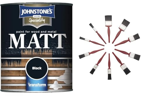Johnstone's MATT PAINT FOR WOOD and METAL BLACK 0.75L & Fit For The Job 10 pc Mixed Sizes Paint Brush Set for a Smooth Finish with Emulsion, Gloss, Satin