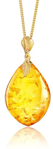 Amber by Mazukna - Ciondolo in Ambra Baltica da Donna, Scintillante Goccia Con Fiocchi, Argento Sterling Placcato Oro AG925, Gioielli Cognac