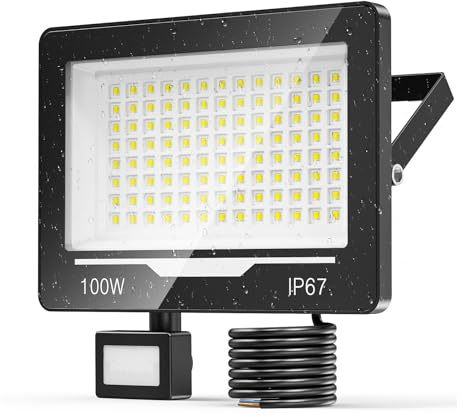 TOPAUBUB LED Strahler Fluter mit Bewegungsmelder Außen 100W 1 Stücke - 10000LM 6500K IP67 Wasserdicht LED Scheinwerfer Aussenstrahler mit Bewegungsmelder Außenstrahler Flutlichtstrahler für Garten