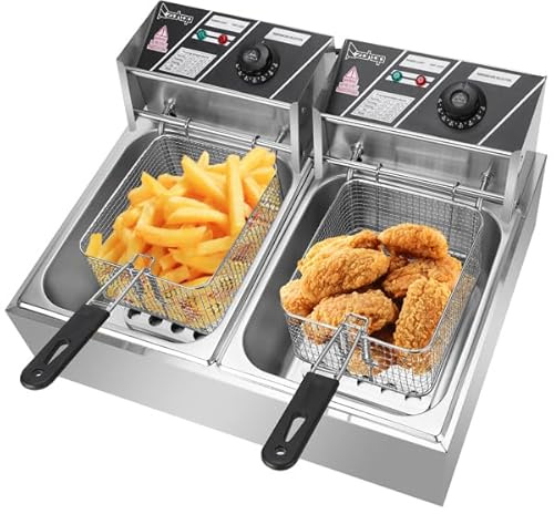 22.8QT/21.6L Commercial Deep Fryer with Basket and Lid, 5000W Electric Fryer, Countertop Oil Fryer for French Fries, Onion Rings, Donuts, Temperature Adjustable 140-392℉, Stainless Steel Double Tank