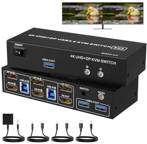 BolAAzuL Switch KVM USB 3.0 HDMI + DisplayPort per 2 computer che condividono 2 monitor, 4K, modalità estesa/copia/giuntura, con 2 ingressi DP e porta HDMI, 1 uscita HDMI&DP, 2 porte USB 3.0