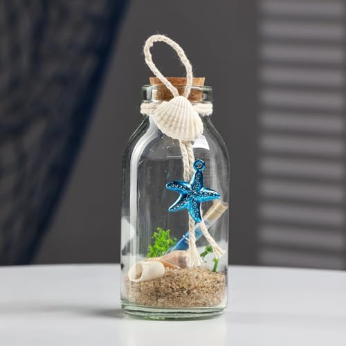 AEVVV Botella decorativa de cristal de concha de arena de 4.3 pulgadas, recuerdo de playa, decoración del hogar, adorno con temática costera, figura en miniatura, inspirada en el océano, decoración de