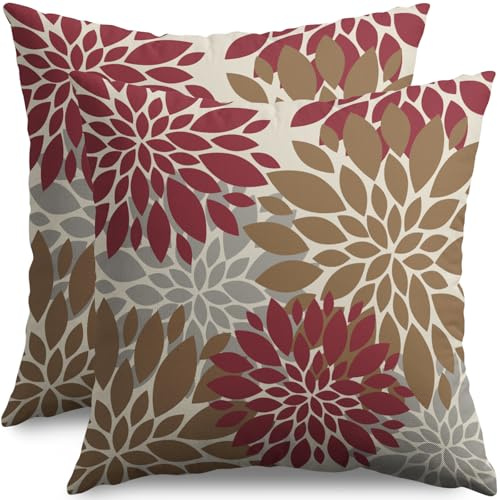 Smozenith Brown-Red Pillow Covers, 18x18, 2 Pieces, Dahlia Flower, Spring, Summer, Floral Pattern, Cream, Decorative Outdoor Throw Pillow Covers, Modern Farmhouse Pillow Cover