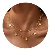 TempBeau Halskette Damen mit Kleinen Runden Plättchen, 18K Vergoldet Halsketten für Frauen aus Edelstahl, Layering Kette Damen 40+5 CM für Geburtstag Muttertag Jahrestag Geschenk (Runde Marke)