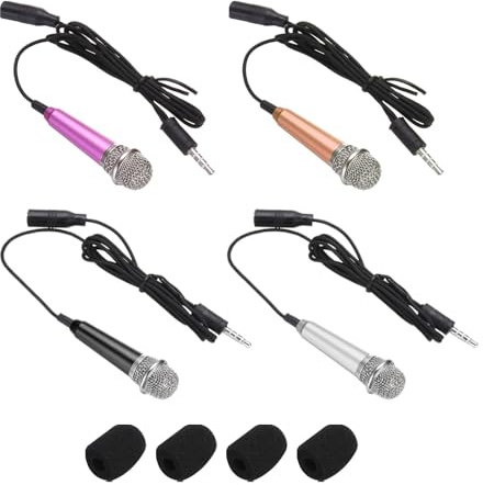 QUARKZMAN 4 Stück Mini Mikrofon Winziges Microphone Telefonmikrofon Kleines Karaoke Mikrofon mit Schwammabdeckung zum Aufnehmen von Telefonstimmen Rosarot/Schwarz/Silber/Gold