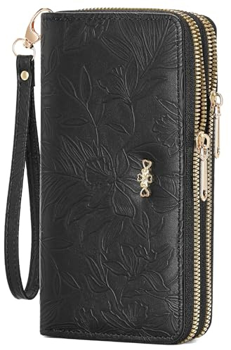 SENDEFN Geldbörse Damen Groß im Langformat, Portemonnaie Damen mit Doppel Reißverschluss, Geldbeutel Damen Clutch Wallet mit Münzfach und Abnehmbarer Handschlaufe, Portmonee Damen