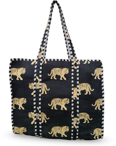 LKGSM RUGS Cotton Tiger Block Print Tote Bag, Indian Handmade Shopping Shoulder Bag, Unisex Market Daily Use (1, DN 16)