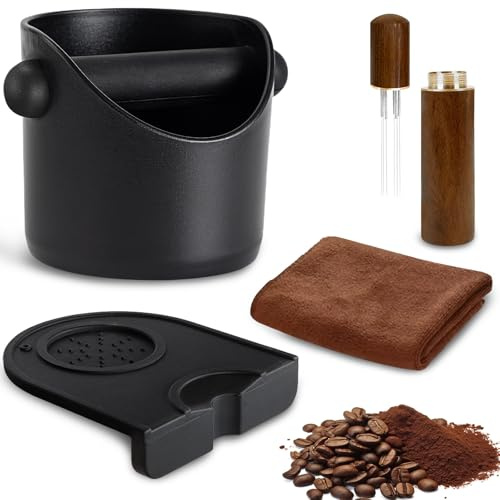 Espresso Coffee Knock Box, Coffee Machine Accessories 4.4 Inch Bin Small, Removable Knock Bar and Non-Slip Base with Coffees Stirring Needle and Towel, Coffees Grounds Knocks Box (Black)