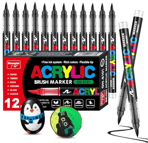 VAKKI 12 Black Acrylic Paint Pens, Brush Markers, Felt Pen for Stone, Calligraphy, Wood, Canvas, Glass, Ceramics