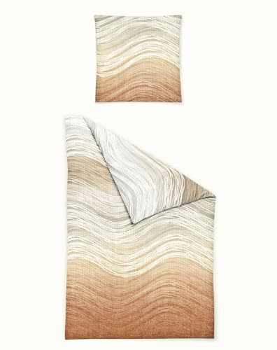 JACK by Bierbaum Seersucker Bettwäsche 135x200cm 2 TLG. Wellen Linien Beige Peach Weiß