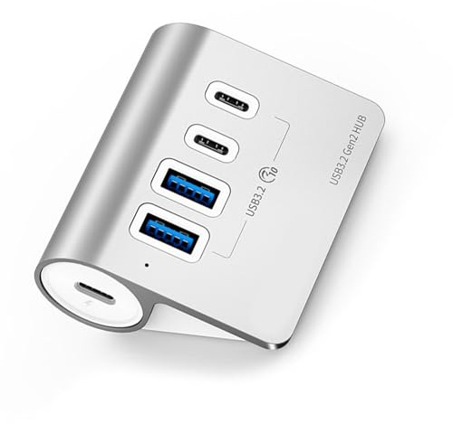 FUUGlan Hub USB 3.2 de aluminio de 4 puertos alimentados PD60W de carga de 10 Gbps, divisor USB C con adaptador de corriente para PC tipo C divisor