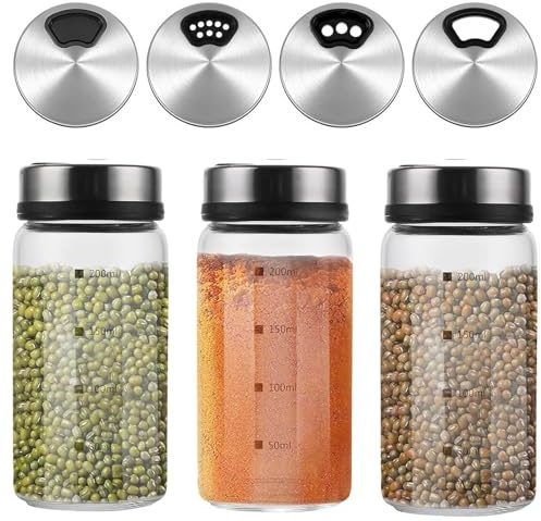3 barattoli per spezie con coperchio girevole – Saliera da 200 ml, con 4 fori per spezie, in vetro, per spezie, pratico saliera per cucina, barbecue, barbecue e cucina