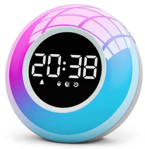 Te-Rich Reveil, Réveil Enfant Lumineux avec Veilleuse 12 Couleurs, 30 Sons Dormir Machine Bruit Blanc, Snooze, Minuterie, Réveil Matin Lampe de Chevet, Cadeau pour Enfant/Ado/Adulte