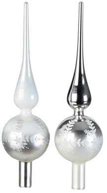 Christbaumspitze Glas 31cm 1 Stück sortiert - Weihnachtsbaumspitze mit Ornamenten & Farbverlauf - mundgeblasen - Christbaumschmuck & Weihnachtsbaumschmuck - Spitze für Weihnachtsbaum Silber Weiß