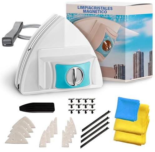 X x D Xyra-Dul Limpiacristales Magnético Doble Cristal para Ventanas de 3 a 30mm de Espesor - Sistema Automático Antipellizcos - Incluye 3 Paños de Microfibra de Regalo y Recambios Originales