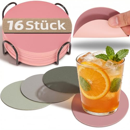 HELI MIAO 16 Stück Untersetzer Gläser,Doppelseitige Glasuntersetzer aus Kunstleder -Rund,rutschfest & hitzebeständig -Inkl.Aufbewahrungsständer(10cm,Lila + Rosa) -Für Tisch,Bar,Outdoor