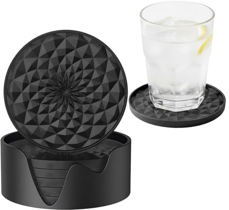 6 Stück Silikon Untersetzer für Gläser, rutschfeste Getränkeuntersetzer mit Vertieftem Tablett & Halterung, Perfekt für Küche, Garten, Party (6, Schwarz)