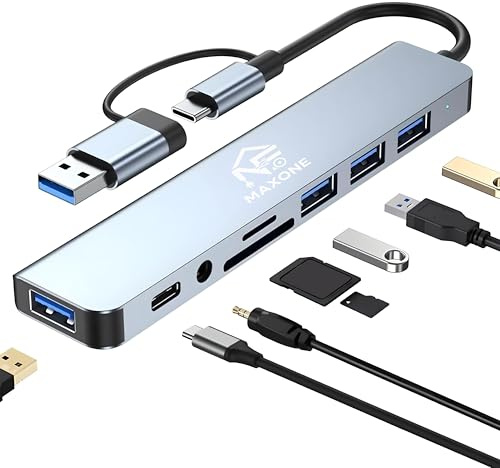8-i-1 USB C-hubb med 3 USB 3.0 + 1 typ C, USB C-adapter PD laddning 100 W, Audio 3.5 mm, SD/TF, USB C Multiport-hubb för bärbara datorer, kompatibel med surfplatta, MacBook Air/Pro, iPad, iPhone