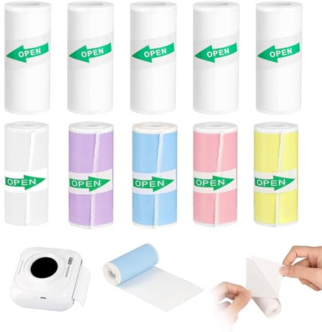 10 Rollos Papel Térmico Autoadhesivo 57x25 mm – 6 Blancos + 4 Colores – Para Cámara Infantil y Mini Impresora – Pegatinas Imprimibles – Rollos de Etiquetas para Mini Impresora Térmica