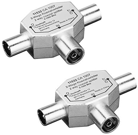 2 Stück KOAX T-Adapter TV SAT Antennen Verteiler 2-Fach Koaxial 2X Stecker - Buchse