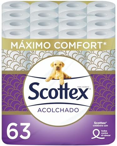 Scottex Acolchado Papel Higiénico 63 rollos con 3 capas de confort y suavidad