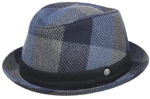 LIERYS Centico Pork Pie Stoffhut Made in Italy Handmade Wollanteil Mehrfarbiges Kariertes Fischgratmuster Herrenhut Herren Herbst Winter blau S (54-55 cm)