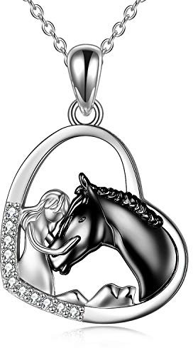 YFN Mädchen und Pferd Halskette für Mädchen Sterling Silber Pferdeschmuck Pferd Geschenke für Frauen (Schwarzes Pferd mit Mädchenhalskette)