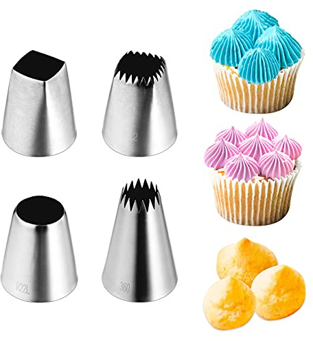 Kasmoire 4Pcs Large Square Round Piping Nozzles Set,Stainless Steel Icing Nozzles Piping Kit for Cake Decorating