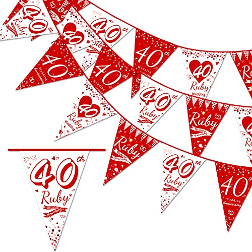 DPKOW 40. Hochzeitstag Girlande Banner, 40 Jubiläum Wimpelkette Rubinhochzeit Deko 40. Hochzeitstag Wimpel Dreieck, 4.7m Drinnen Draußen Aufhängen Deko für Rubin Hochzeit Feier Zubehör